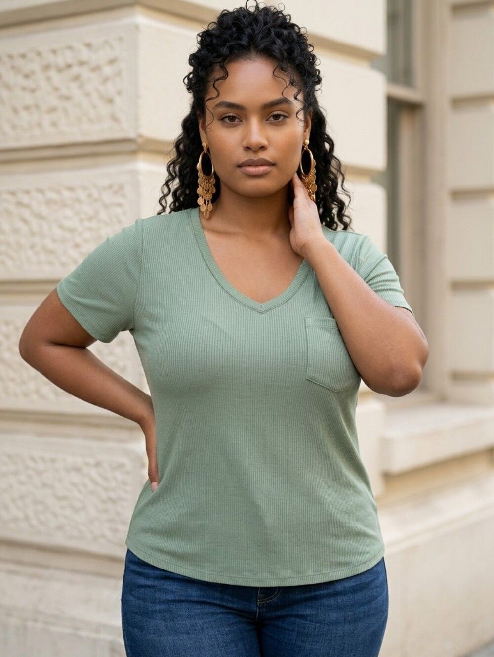 Iris Olive Green Ribbed V-Neck Tee | Chest Pocket Soft Jersey Top | Women’s 3XL